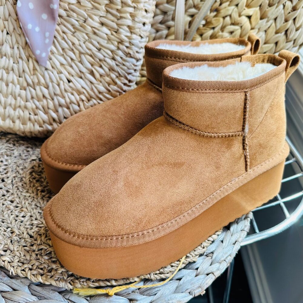 NEW🔥 Chestnut Tan Faux Fur Lined Platform Classic Ultra Mini Booties Ankle Boot - Picture 3 of 6